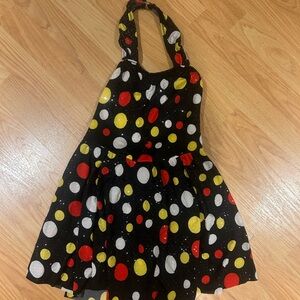 Algy black halter dress dance costume with white, yellow, and red polka dots